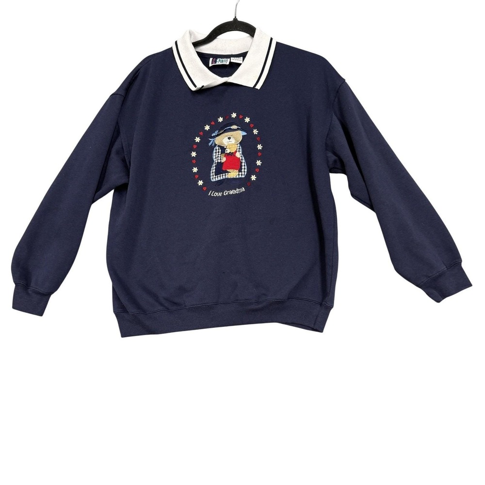 Vintage Bold Spirit‎ Sweatshirt Womens Large Navy Collar I Love Grandma Bear 90s